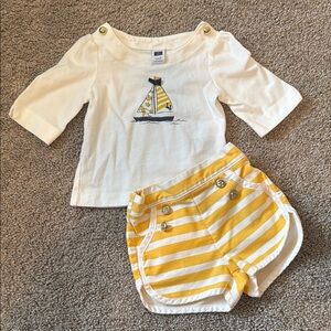 Janie and Jack White Sailboat Top and Yellow Striped Shorts Set 6-12 mos
